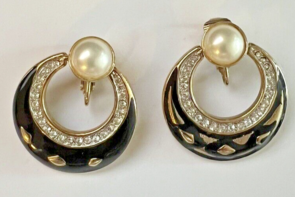 Vintage TAT Clip-On Earrings Gold Tone Rhinestone Faux Pearl Statement Jewelry